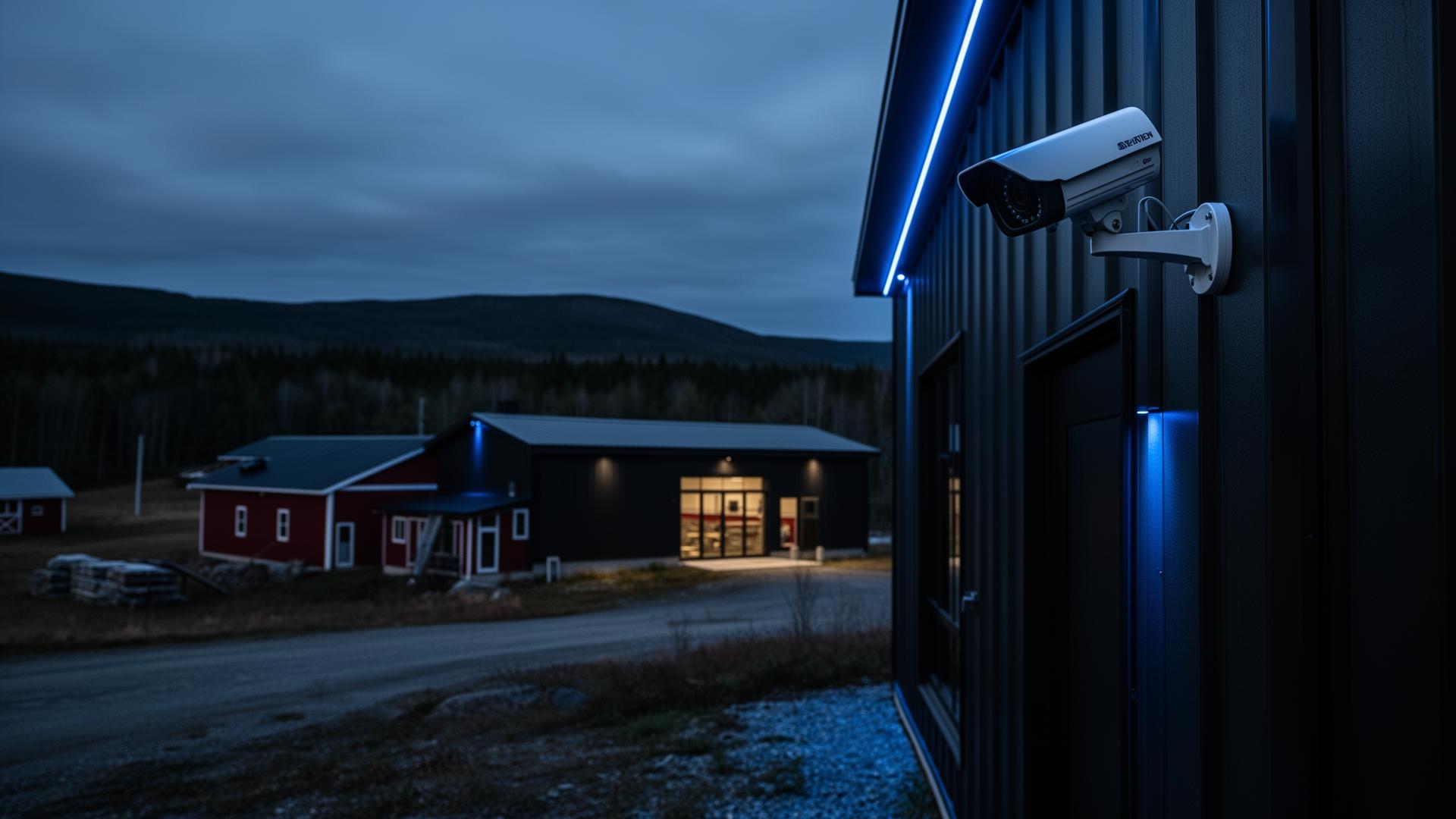 Security camera installed on a commercial building at blue hour in northern Maine