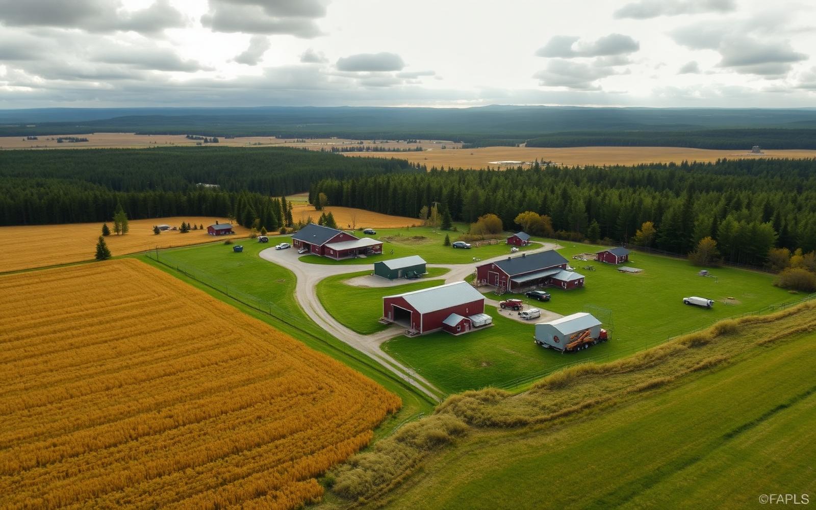 Aerial view of a multi-building agricultural property in northern Maine